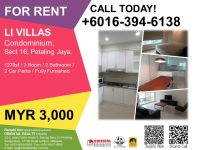 For Rent: Li Villas, Section 16, Petaling Jaya (Furnished) – MYR3000